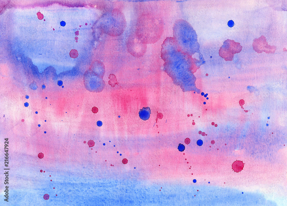 Hand made watercolor texture in blue and pink color. Abstract background with colorful spray, drops. Grunge ink illustration.