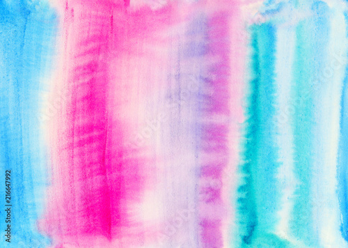 Handmade watercolor texture in blue and pink colors. Abstract striped gradient background. Artistic illustration for design.