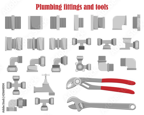 Color vector set of plumbing fittings and tools.