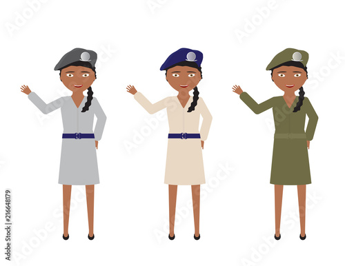 Female soldiers in Various uniform skirts colors waving hello