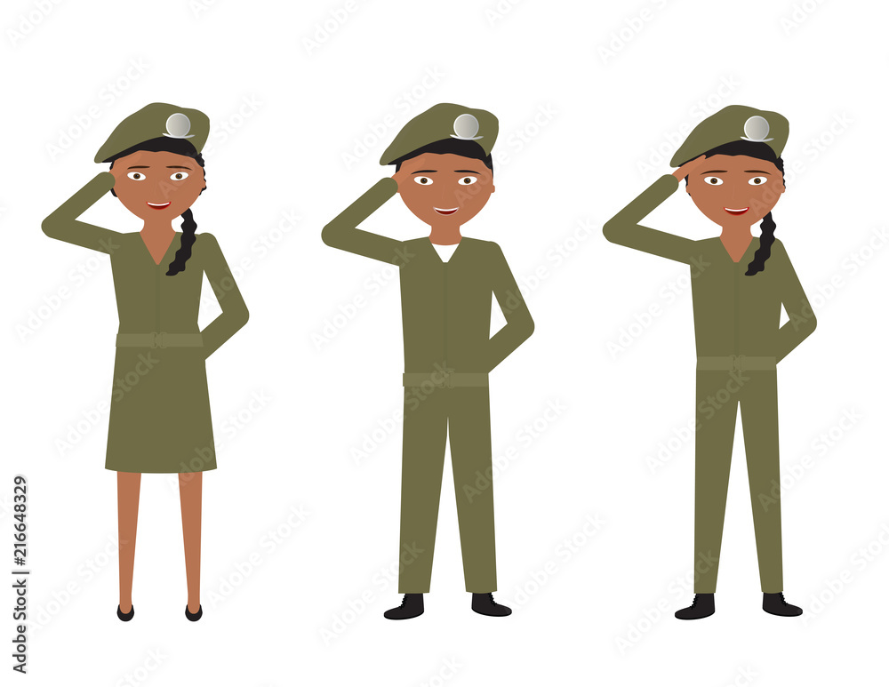 Set of cartoon soldiers with green uniforms saluting on White background