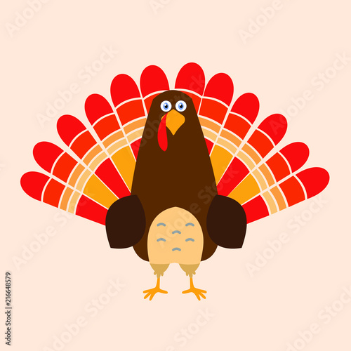 Thanksgiving day red feathers turkey, flat style, no hat. Cute cartoon.