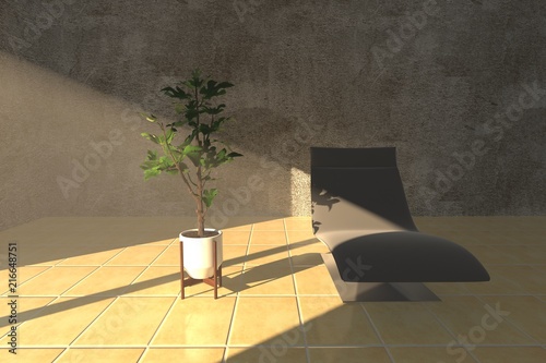 Sunlight casts on a plant vase and comfortable chair in a room - 3d rendering