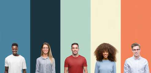 Group of people over vintage colors background with a happy and cool smile on face. Lucky person.