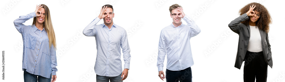 Team of business men and women doing ok gesture with hand smiling, eye looking through fingers with happy face.
