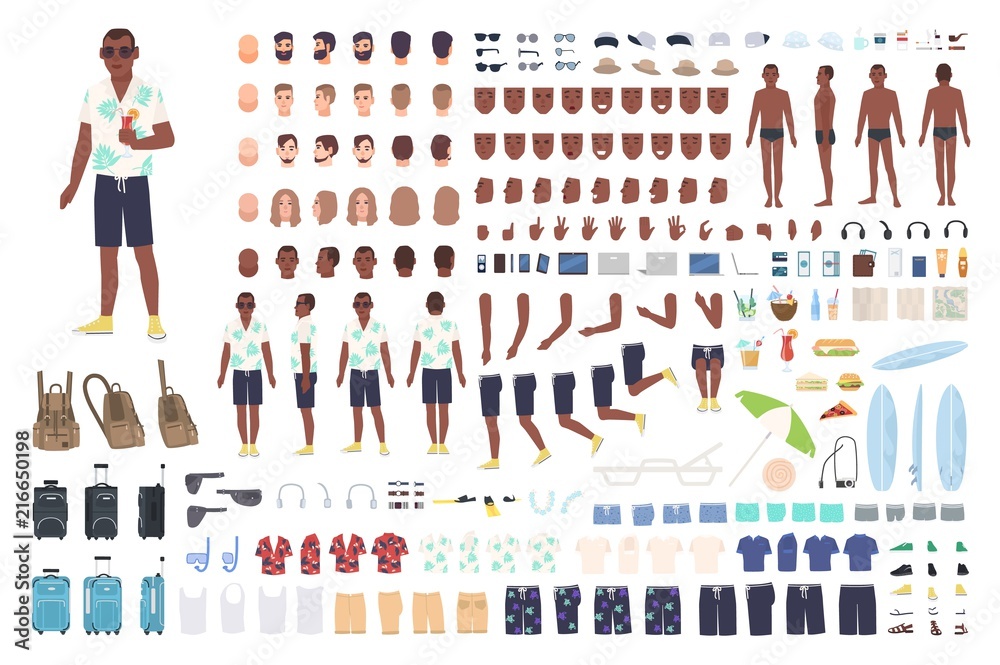 Guy on vacation animation or DIY kit. Collection of male tourist body elements, gestures, clothes, touristic equipment isolated on white background. Colored vector illustration in flat cartoon style.