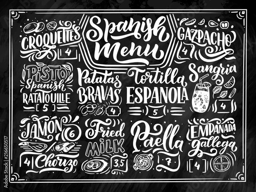 Freehand sketch style drawing of spanish menu with different food names, various elements and hand written lettering. Chalkboard design. Detailed illustration isolated on background