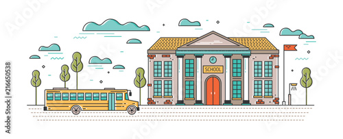 Horizontal banner with classic school building and bus for children driving on road
