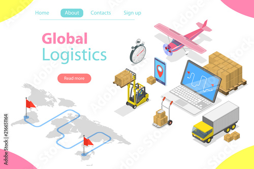 Flat isometric vector concept of global logistics, worldwide freight shipping, fast delivery.
