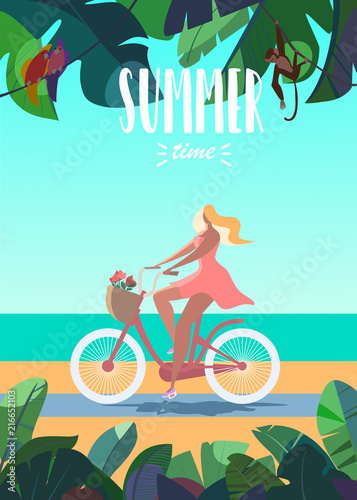 Vector illustration of tanned girl riding bike summer time. Carries in the basket of flowers. Sea, beach, blue sky, tropical plants, parrots and monkey on background. 