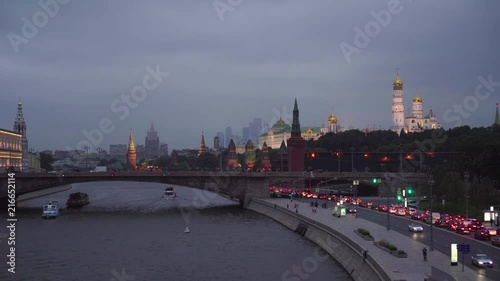 Night panoramic view of Moscow Kremlin and Bolshoy Kamenniy bridge photo