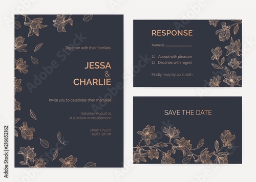 Collection of wedding invitation and response card templates decorated by magnolia tree branches with blooming flowers hand drawn with contour lines on black background. Romantic vector illustration.