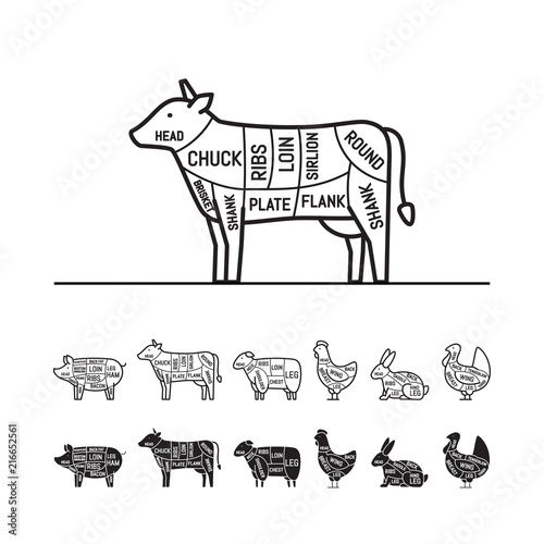 Diagrams for butcher shop - cow. Meat cuts. Animal silhouette, pig, cow, lamb, chicken, turkey, rabbit. Vector illustration.