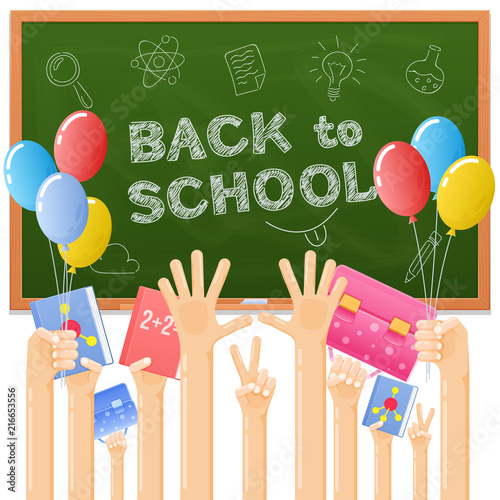 Vector illustration back to school, joyful children raised their hands up holding books portfolio of balls