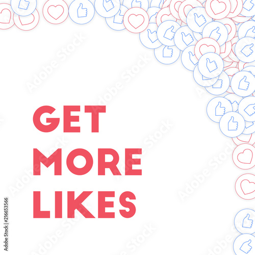 Social media icons. Get more likes concept. Falling scattered thumbs up hearts. Likable abstract rig