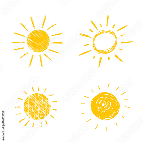 Vector Hand Drawn Sun Icons, Sunny Cute Doodle Set, Isolated on White Background.