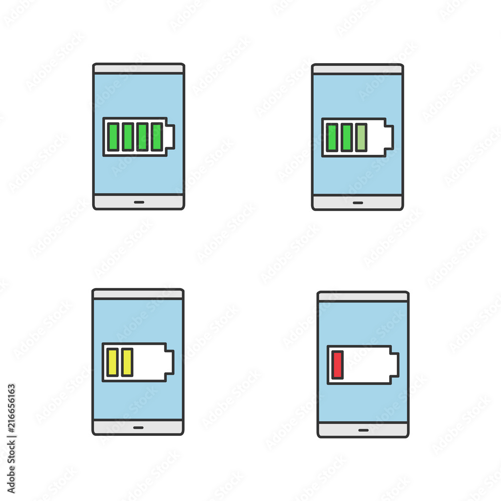 Smartphone battery charging color icons set Smartphone battery charging color icons set