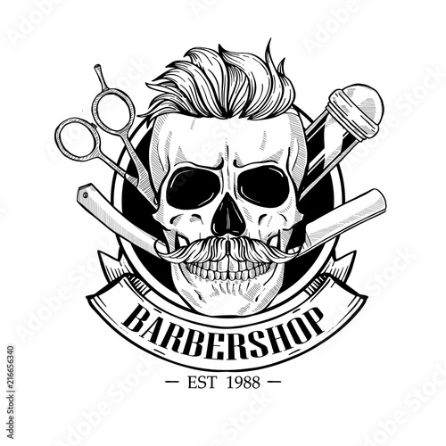 Barbershop logo, angry sticker with skull