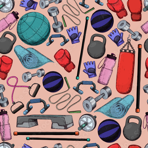 Seamless pattern of fitness accessories, sketch cartoon illustration of gym equipment for home exercise. Vector