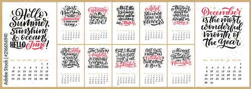 Vector calendar for months 2 0 1 9. Hand drawn lettering quotes for calendar design. Hand drawn style