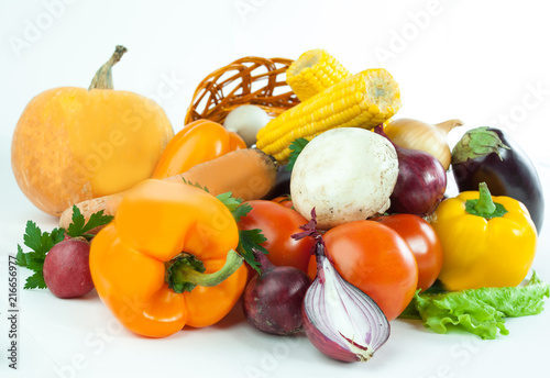 closeup.a variety of fresh vegetables in a wicker baske