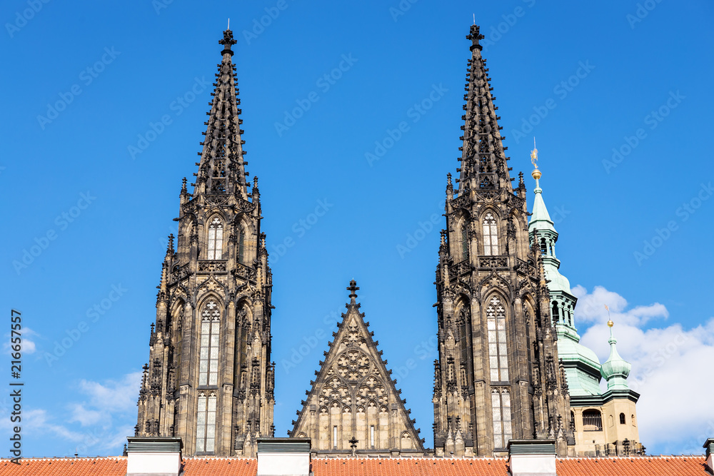 St Vitus cathedral spires closeup shot against sky