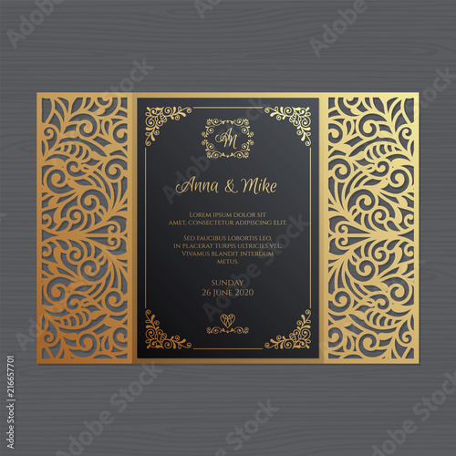 Luxury wedding invitation or greeting card with vintage floral ornament. Paper lace envelope template. Wedding invitation envelope mock-up for laser cutting. Vector illustration.