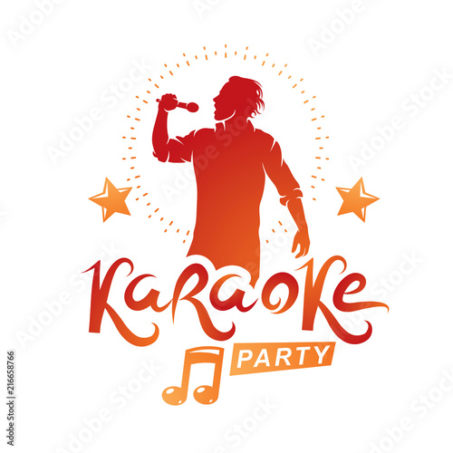 Karaoke party advertising poster composed with stage or recorder microphone vector illustration and musical notes. Superstar performance advertising announcement, feel yourself like a star.