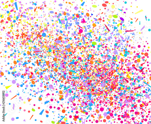 Explosion. Firework. Texture with random geometric elements on white. Holiday background with confetti. Pattern for design. Print for banners, posters and textiles. Greeting cards. Festive backdrop
