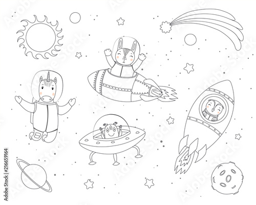 Hand drawn black and white vector illustration of cute funny bunny, owl, unicorn astronauts, alien in space, with planets, stars. Isolated objects. Line drawing. Design concept children coloring pages