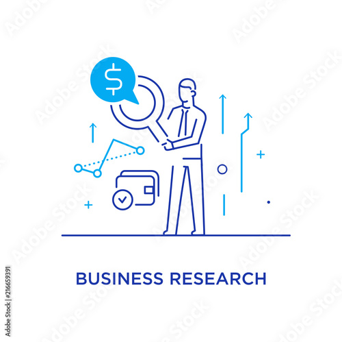 Businessman with magnifier looking for money. Line icon illustration. Success, rates