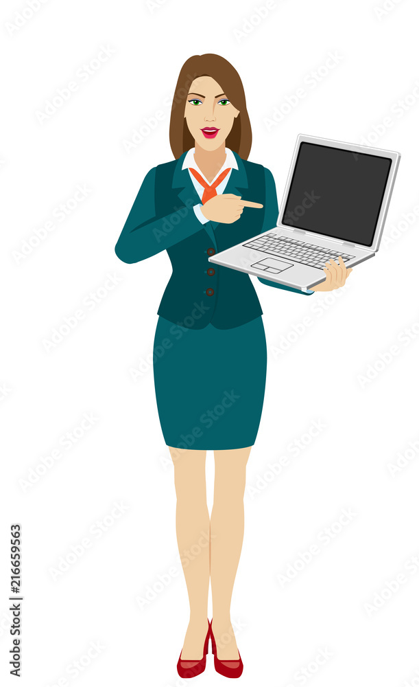 Businesswoman pointing at a laptop notebook Businesswoman pointing at a laptop notebook