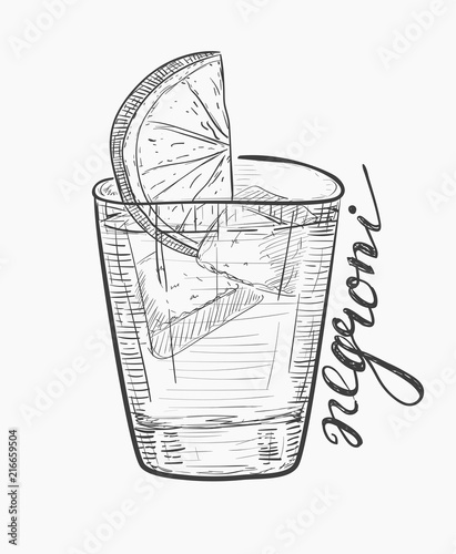 Negroni alcoholic cocktail. Hand drawn vector illustration in sketch style. Fashionable drink with orange and ice cubes