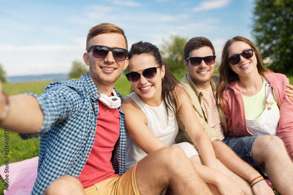 leisure, people and friendship concept - happy teenage friends taking selfie outdoors in summer
