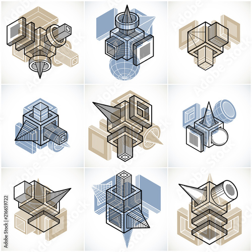 Different engineering constructions collection, abstract vectors set.