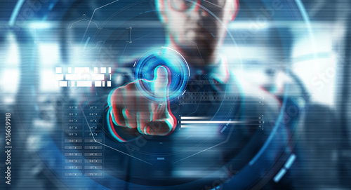 business, augmented reality, technology and cyberspace concept - close up of businessman in suit working with virtual screen over abstract background