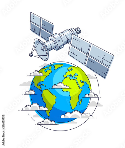 Communication satellite flying orbital spaceflight around earth, spacecraft space station with solar panels and satellite antenna plate. Thin line 3d vector illustration.