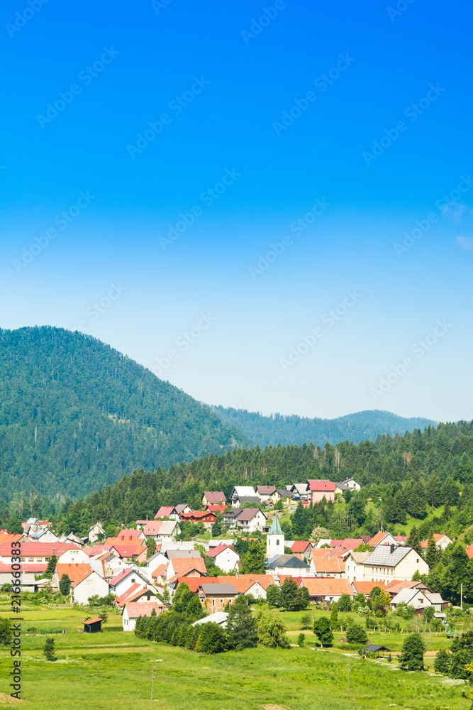 Croatian mountain countryside, town of Lokve in Gorski kotar, panoramic view