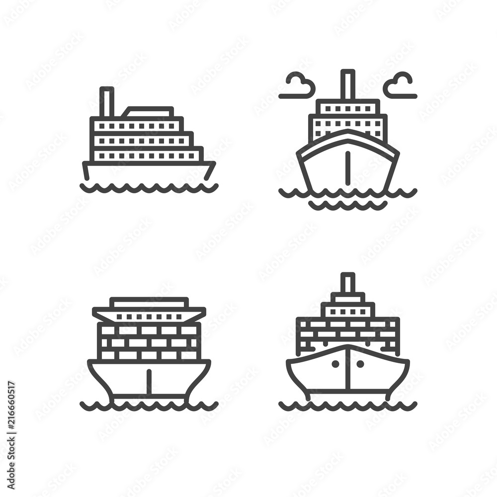 Ships flat line icons. Cargo shipping tanker, sea trip , marine transportation vector illustrations. Thin signs for ocean cruise. Pixel perfect 64x64. Editable Strokes.