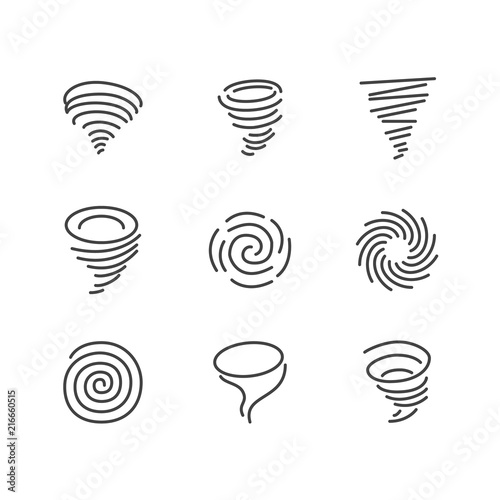 Tornado flat line icons. Hurricane, storm vector illustrations. Thin signs of nature disaster. Pixel perfect 64x64. Editable Strokes.