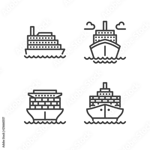 Ships flat line icons. Cargo shipping tanker  sea trip   marine transportation vector illustrations. Thin signs for ocean cruise. Pixel perfect 64x64. Editable Strokes.