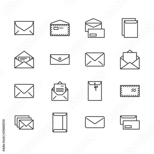 Envelopes flat line icons. Mail, message, open envelope with letter, email vector illustrations. Thin signs for web site, post office. Pixel perfect 64x64. Editable Strokes.