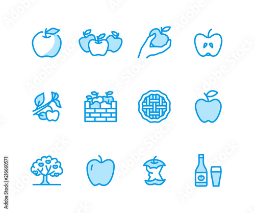 Apples flat line icons. Apple picking, autumn harvest festival, craft fruit cider vector illustrations. Thin signs for organic food store. Pixel perfect 48x48.