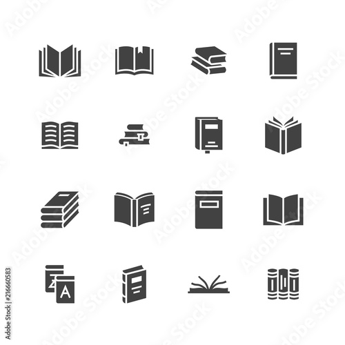 Books flat glyph icons. Reading, library, literature education vector illustrations. Signs for e-book store, textbook, encyclopedia. Solid silhouette pixel perfect 64x64.