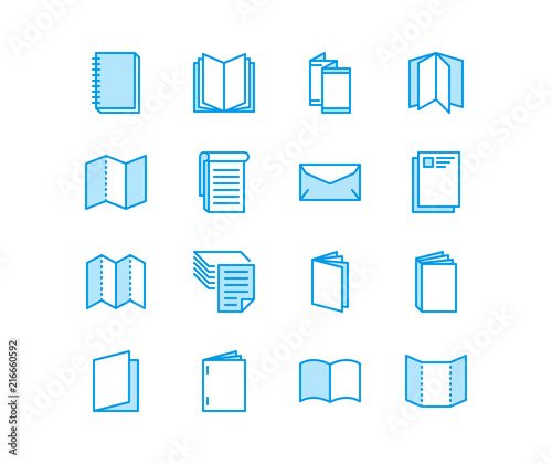 Brochure flat line icons. Business identity vector illustrations - letterhead, booklet, flyer, leaflet, corporate catalogue, envelope. Thin signs for print shop. Pixel perfect 64x64.