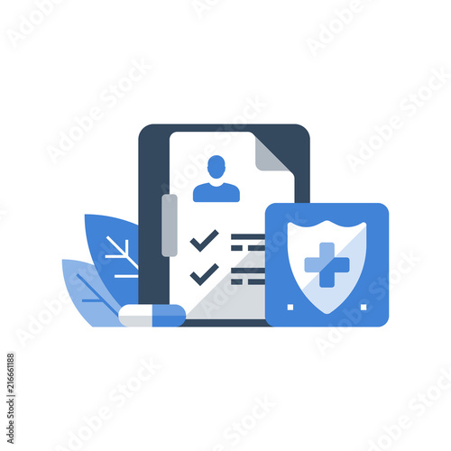 Shield with cross, sick leave certificate, medical insurance, health care policy, hospital services, preventive check up