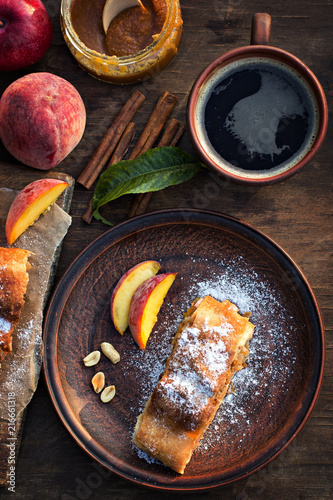 strudel with peaches, apples and peanuts