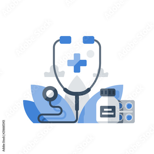 Stethoscope and cross, medical insurance, health care policy, hospital services, preventive check up