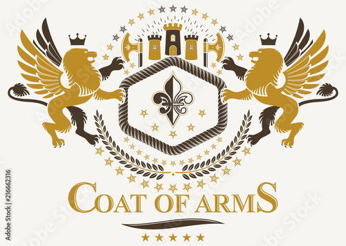Fototapeta Naklejka Na Ścianę i Meble -  Heraldic Coat of Arms decorative emblem isolated vector illustration composed using gryphon mythic creature and ancient tower.