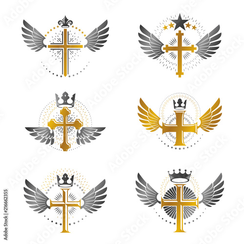 Crosses Religious emblems set. Heraldic Coat of Arms  vintage vector logos collection.